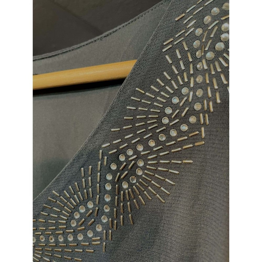 Alfani Grey Batwing Shear Sleeve Beaded Neckline Blouson Top Sz L
